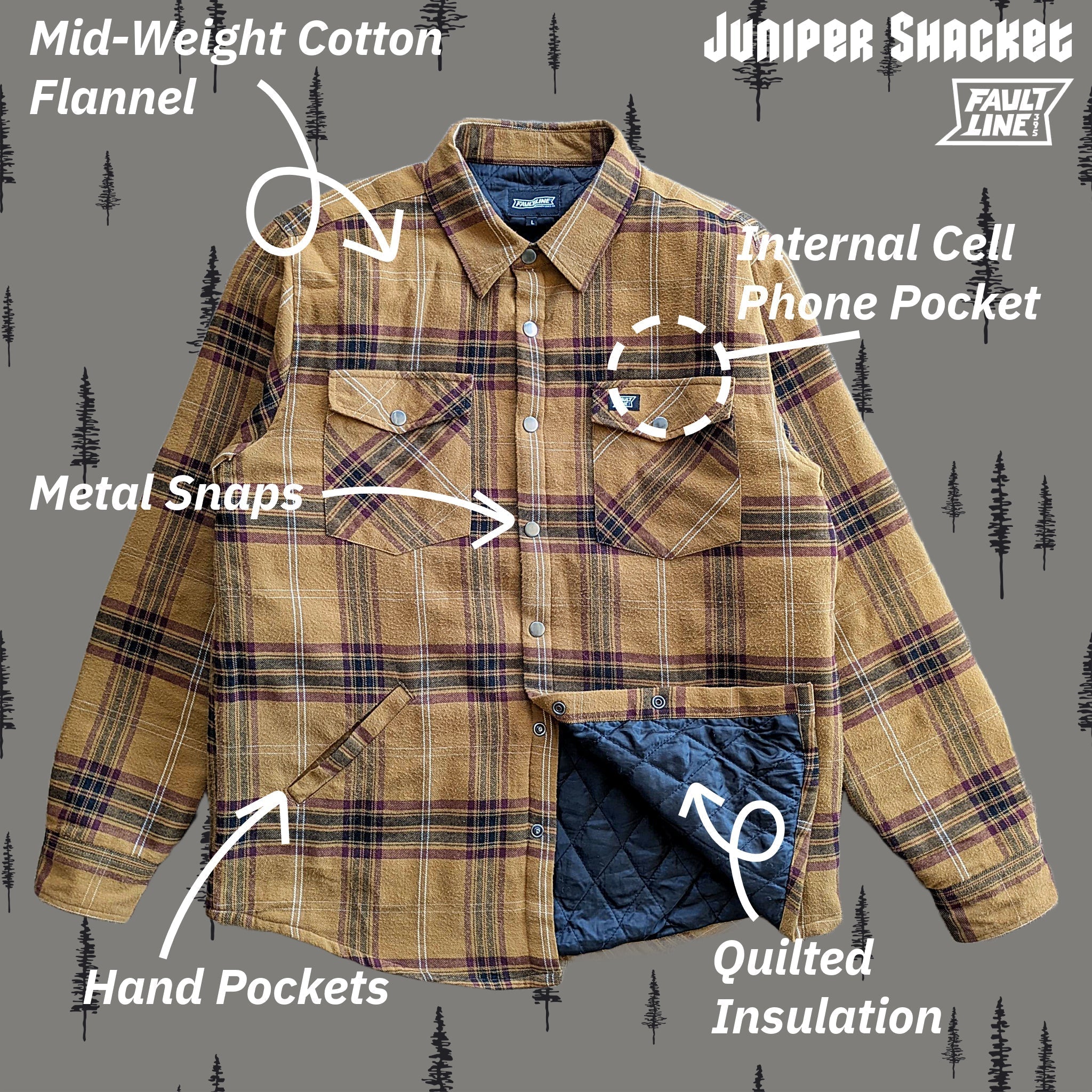 Elements of a Flannel Shacket include a snap front, quilted insulation, and front hand pockets.