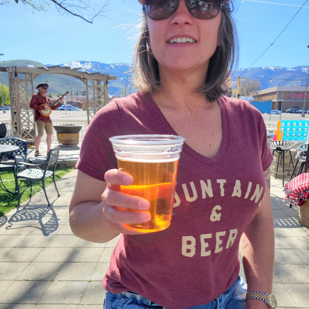 Women's Mountains & Beer V-Neck Tee - Maroon/Tan