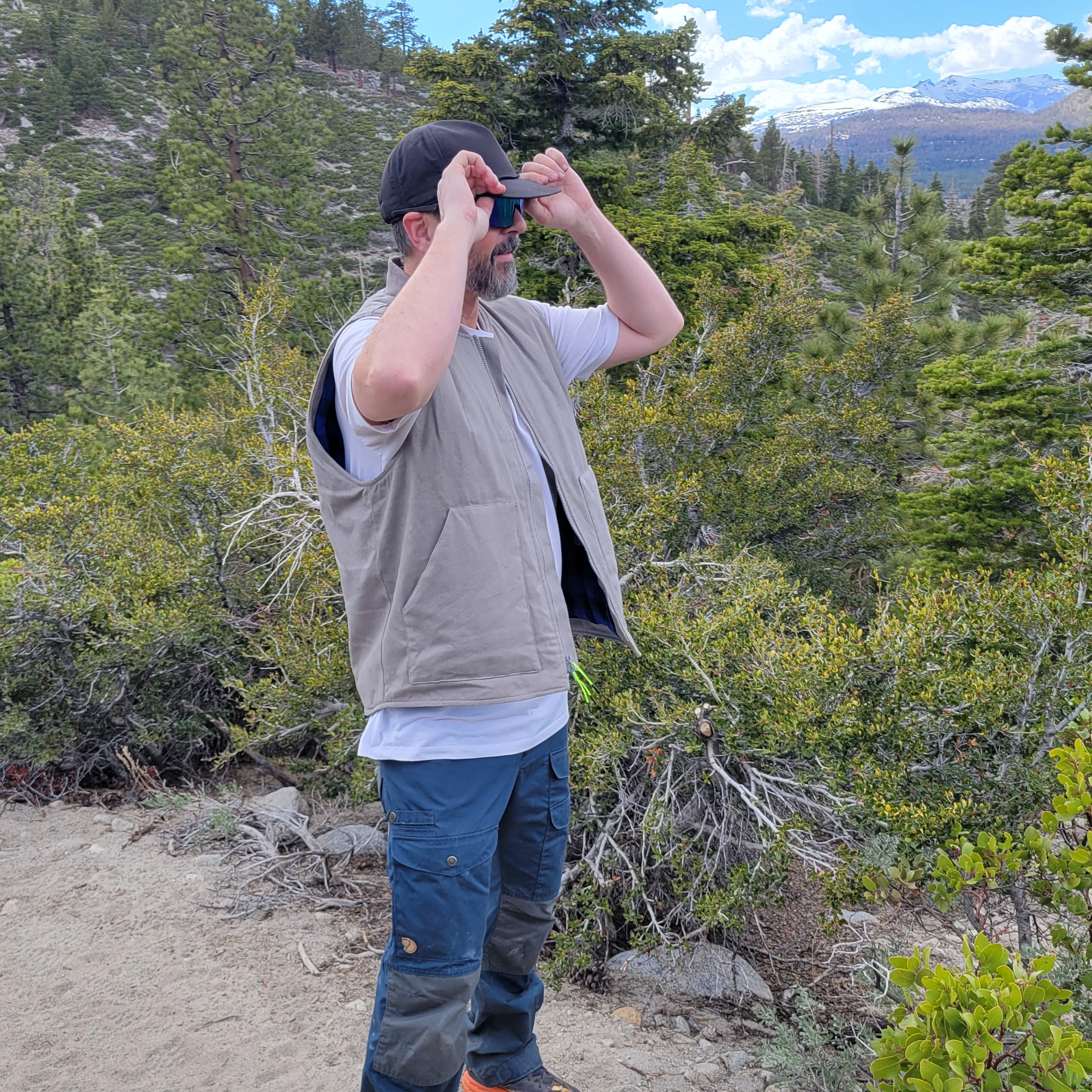 Photo of the Faultline395 work vest in use on a hike in Mammoth Lakes, CA