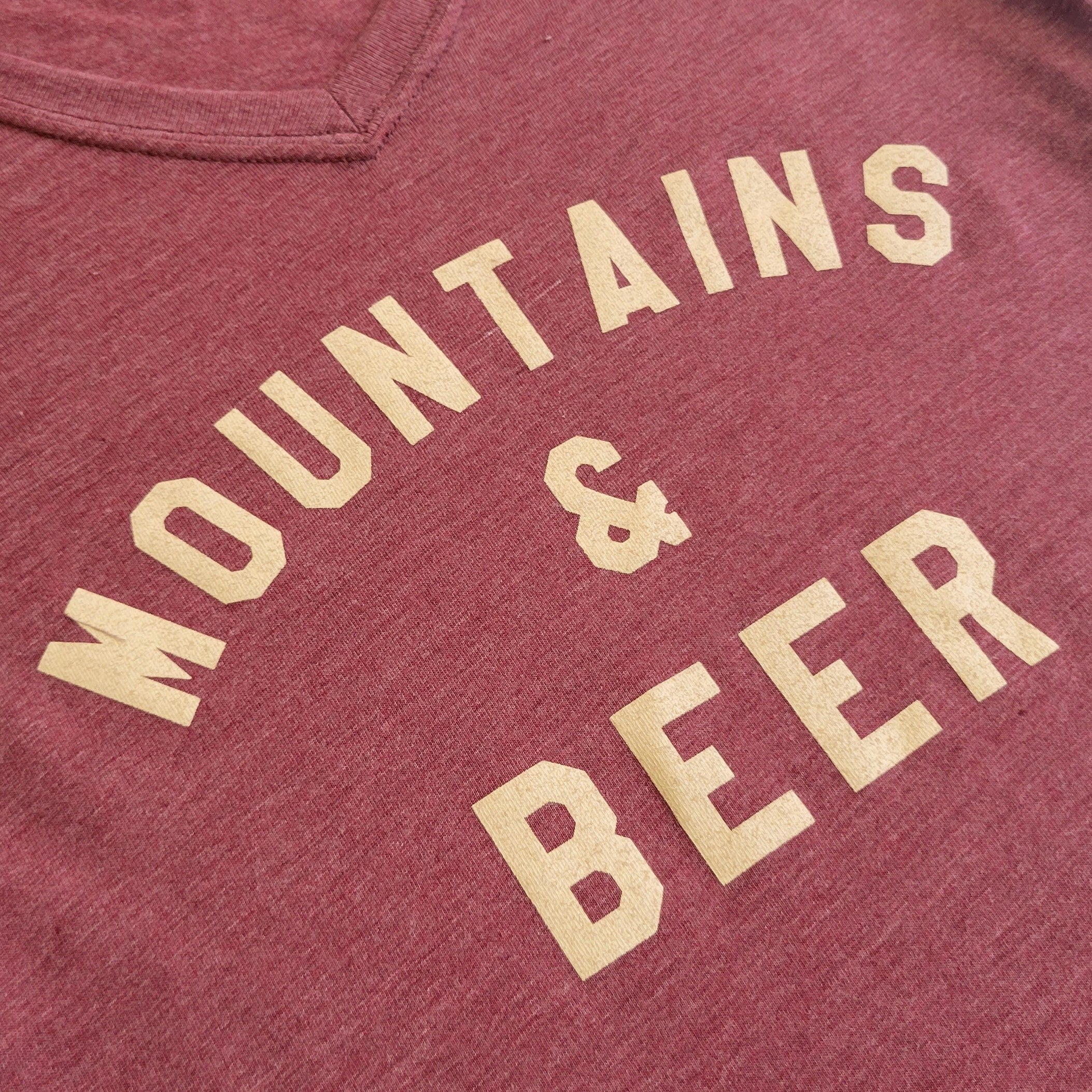 Women's Mountains & Beer V-Neck Tee - Maroon/Tan