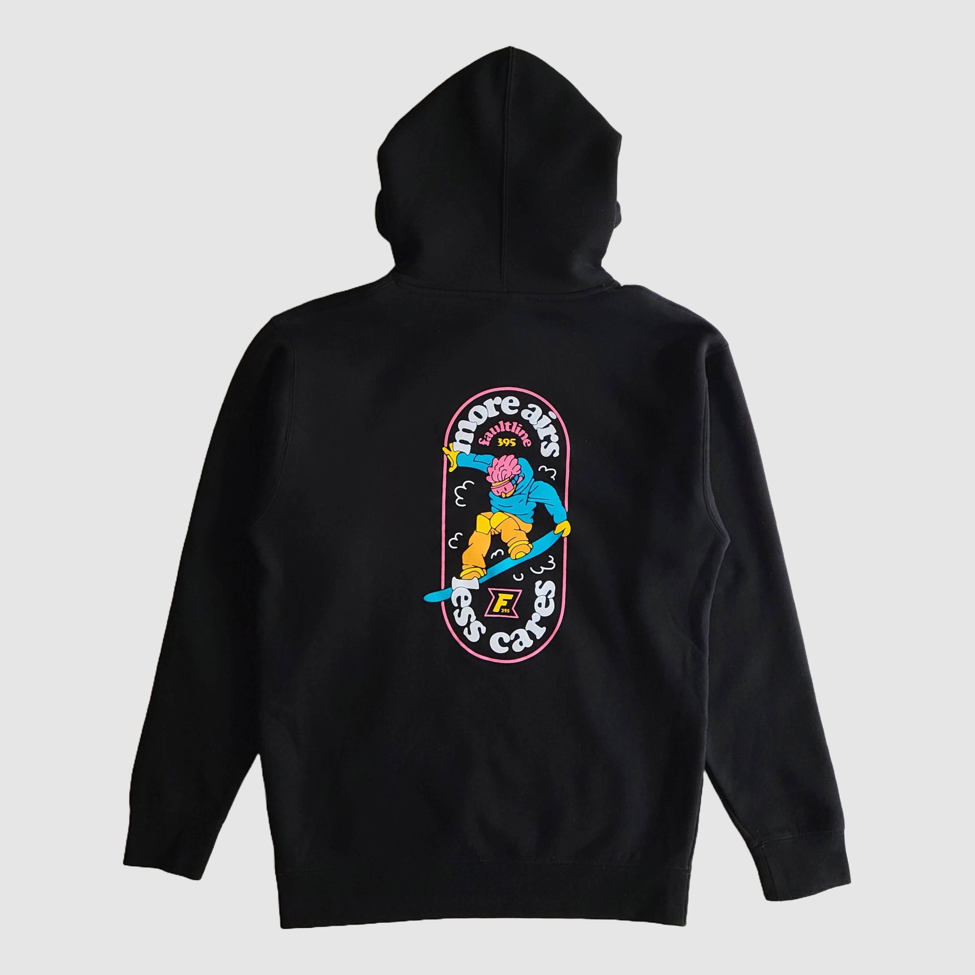 Snowboarding hoodie from Faultline395 featuring our More Airs, Less Cares slogan