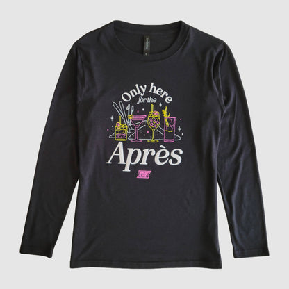 Women's Après Long Sleeve T-Shirt featuring 'Only here for the Après' graphic in soft tri-blend fabric, perfect for ski resorts