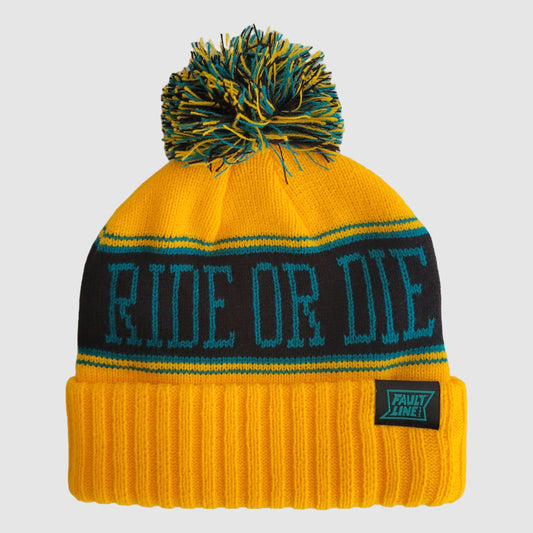 Front view of the gold, black, and teal Ride or Die Beanie from Faultline395.