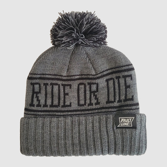 Front view of the Ride or Die beanie from Faultline395 in gray and black.