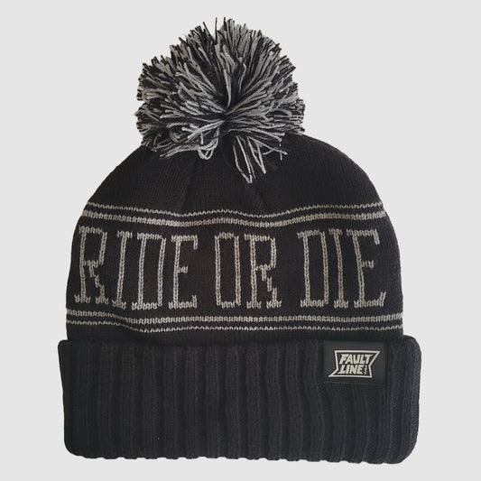 Lay flat view of the Ride or Die Beanie in black and gray.