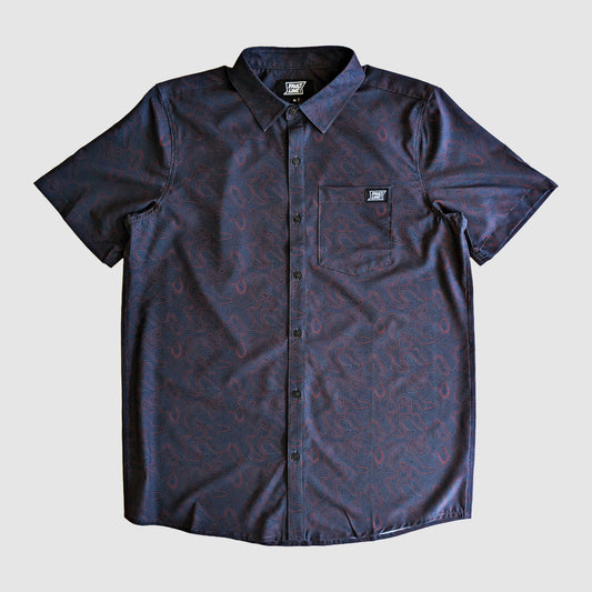 Langley Stretch Shirt in Carbon with a Topo pattern designed for outdoor adventures.