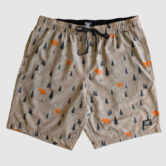 Faultline 395 Langley Short in breathable fabric with a bear and pine tree design