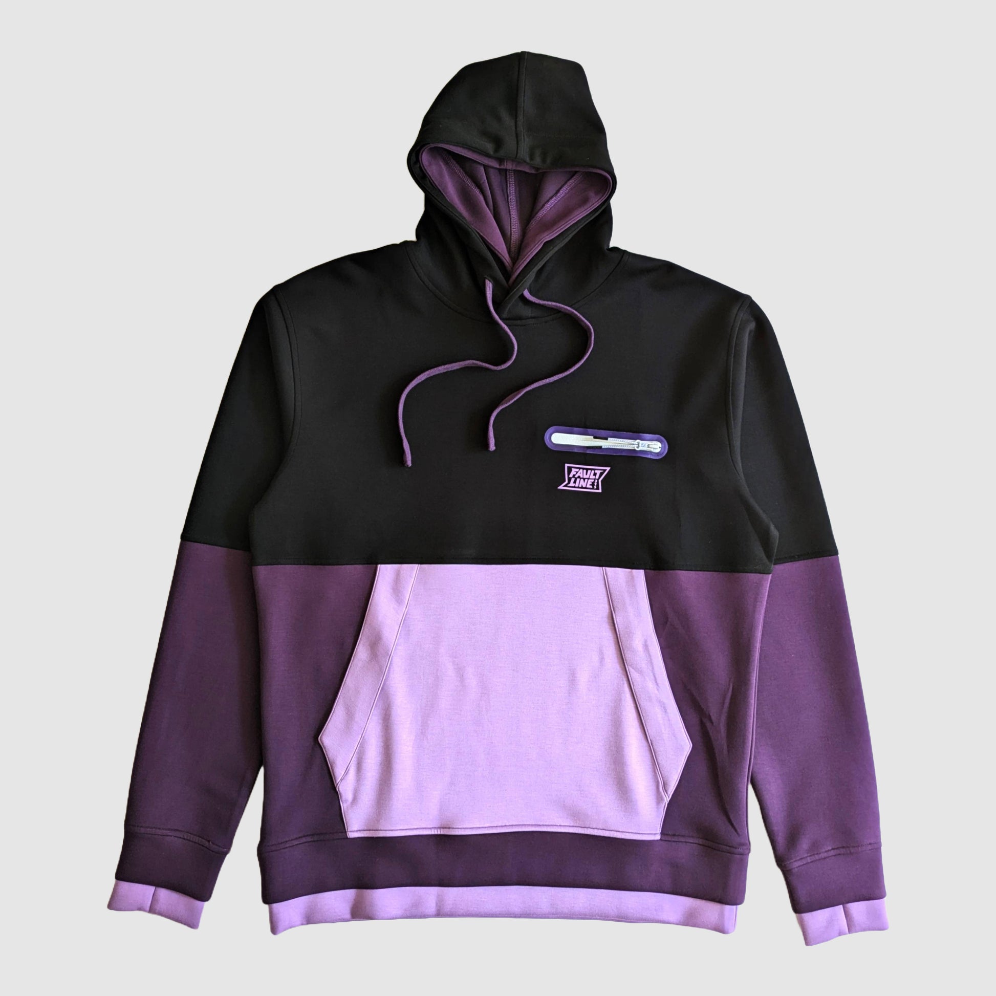 Front view of Cloud 9 Double Hoodie in purple and black with a left chest Faultline395 logo