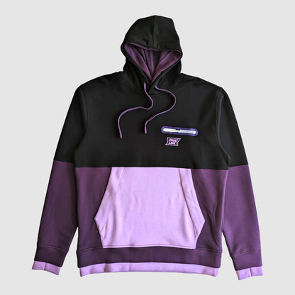Front view of Cloud 9 Double Hoodie in purple and black with a left chest Faultline395 logo