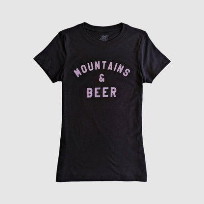 Front view of the black and lilac Mountains & Beer t-shirt in a women's specific fit