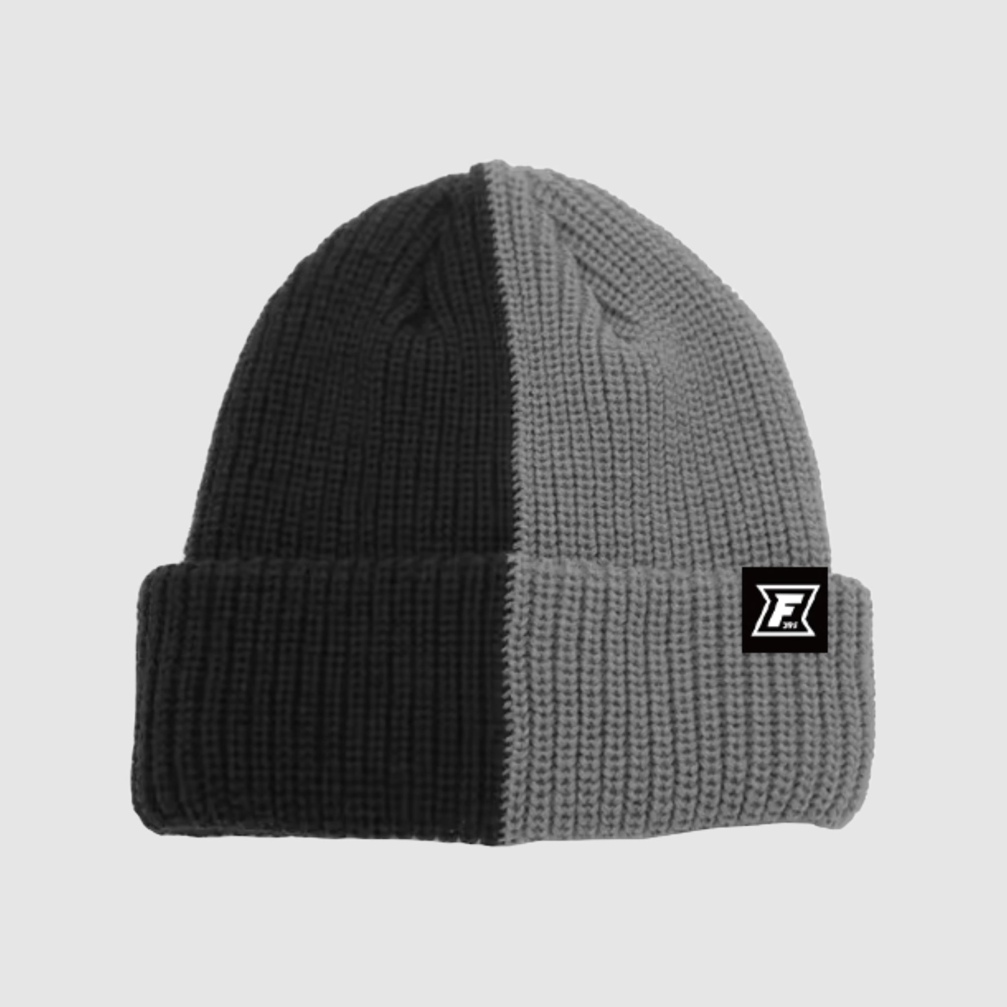 Black and grey two-tone cuffed beanie from Faultline 395