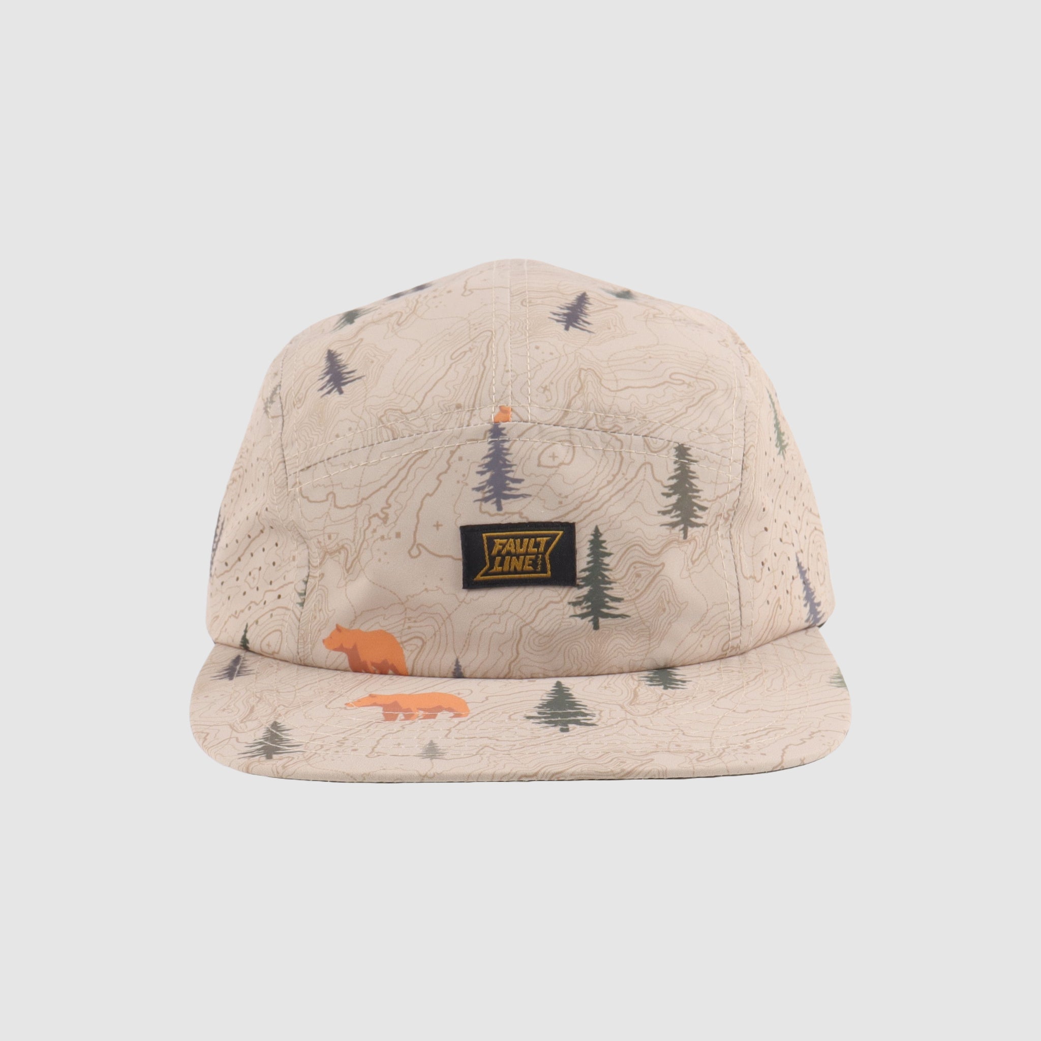 Front view of the Bridgeport 5-Panel Camper Hat in Khaki Bear, featuring alpine-inspired artwork