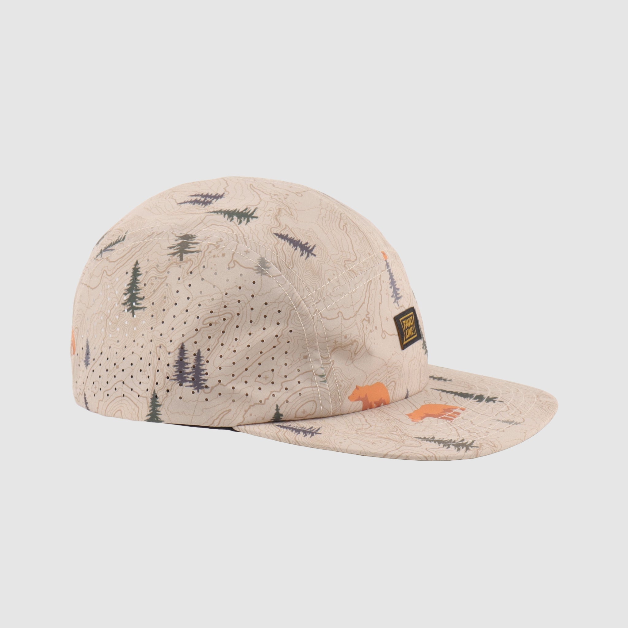 Side view of Faultline395's Bridgeport 5-Panel Camper Hat, showcasing its lightweight design and technical fabric