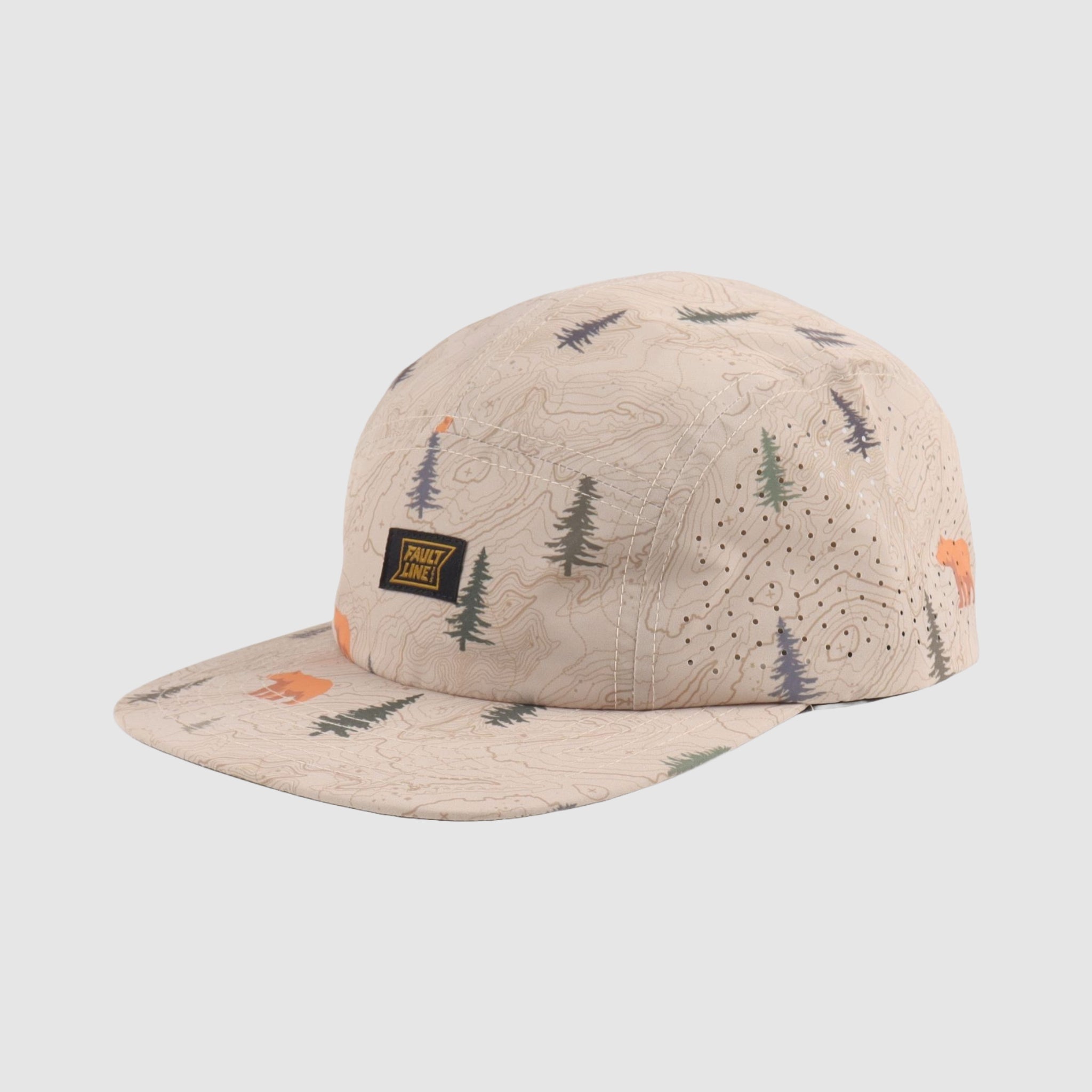 Bridgeport 5-Panel Camper Hat in Khaki Bear shown at an angle, perfect for outdoor enthusiasts