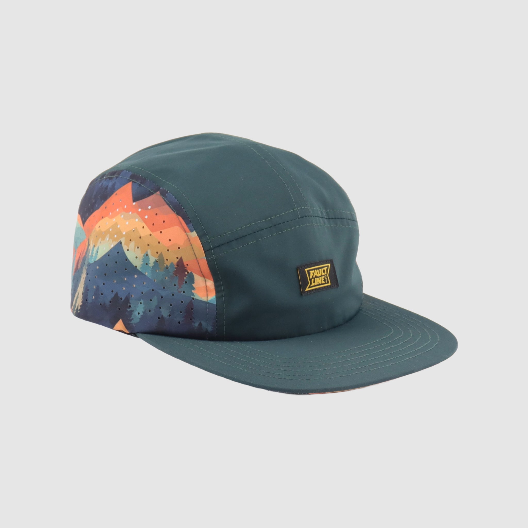 Side view of Faultline395's Bridgeport 5-Panel Camper Hat, showcasing its lightweight design and technical fabric.