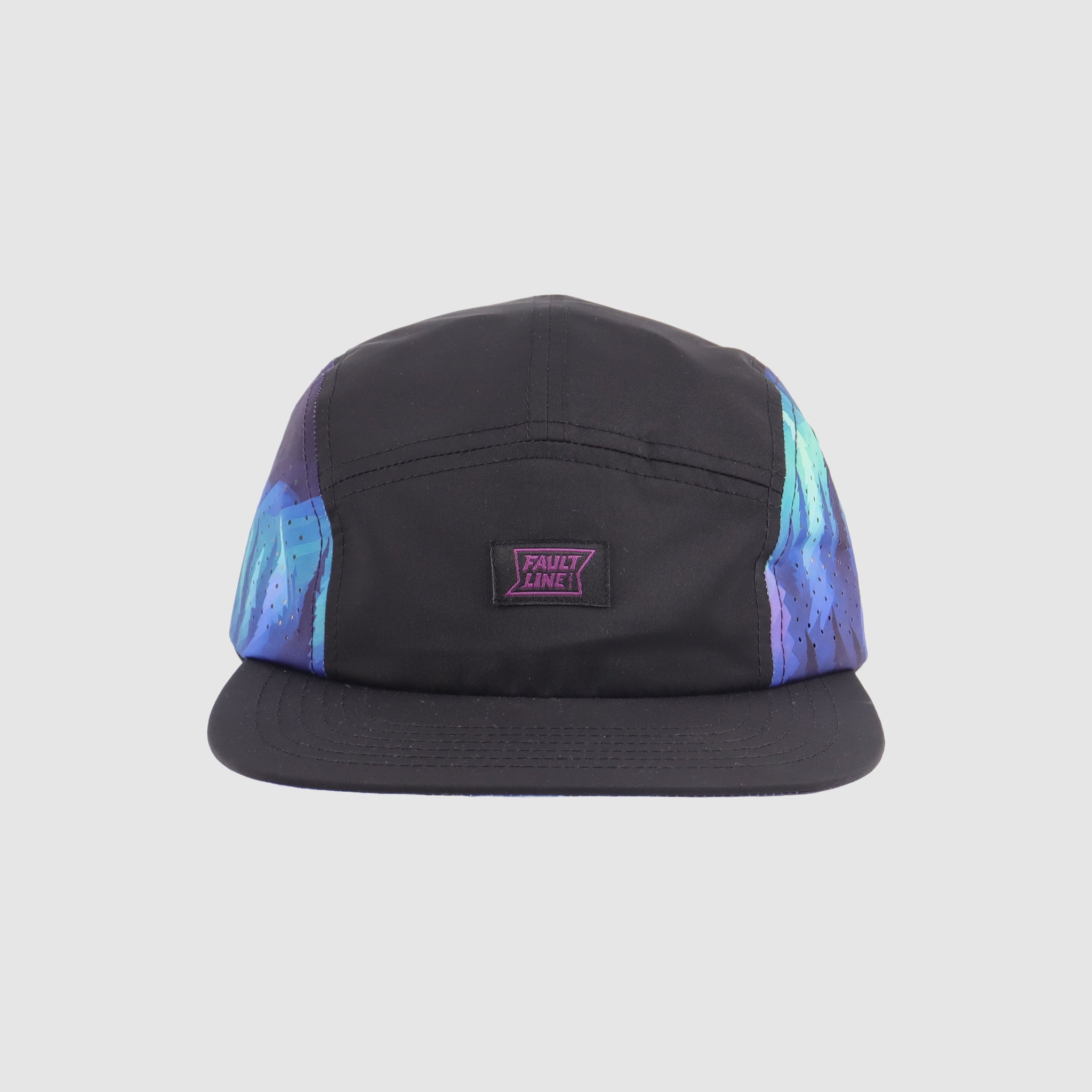 Front view of the Bridgeport 5-Panel Camper Hat in Northern Lights, featuring bright purple and teal alpine-inspired artwork.