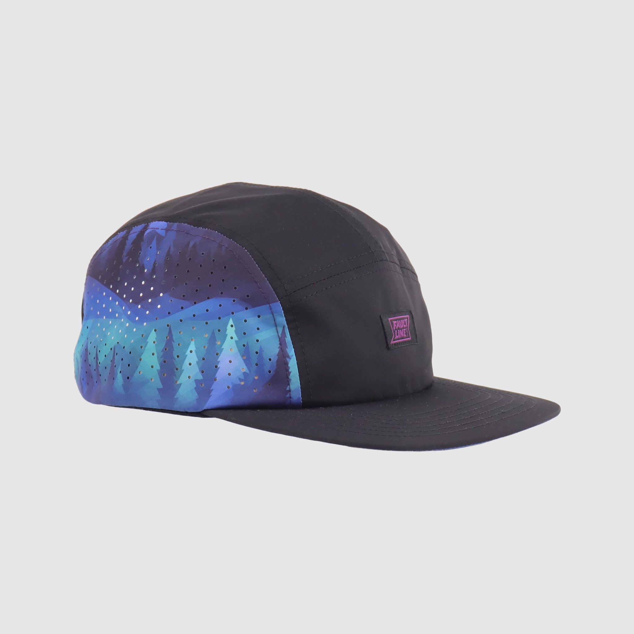 Side view of Faultline395's Bridgeport 5-Panel Camper Hat with a Northern Lights design, showcasing its lightweight design and technical fabric.