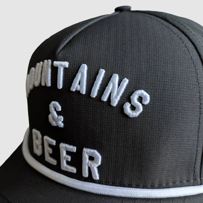 Detailed shot of the 3D embroidery on our Mountains & Beer hat.