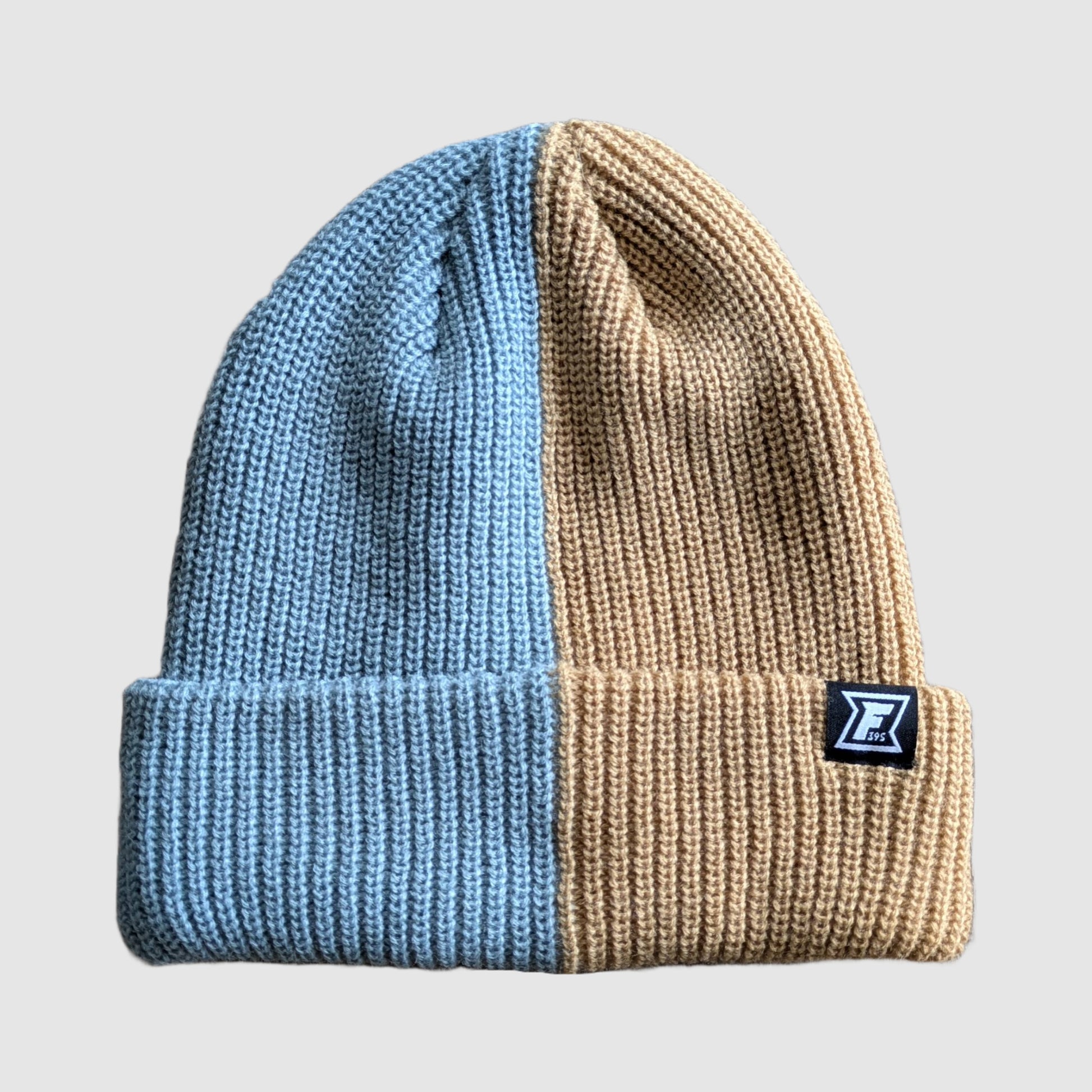 Front view of the 2-Tone Beanie from Faultline395 in blue and tan.