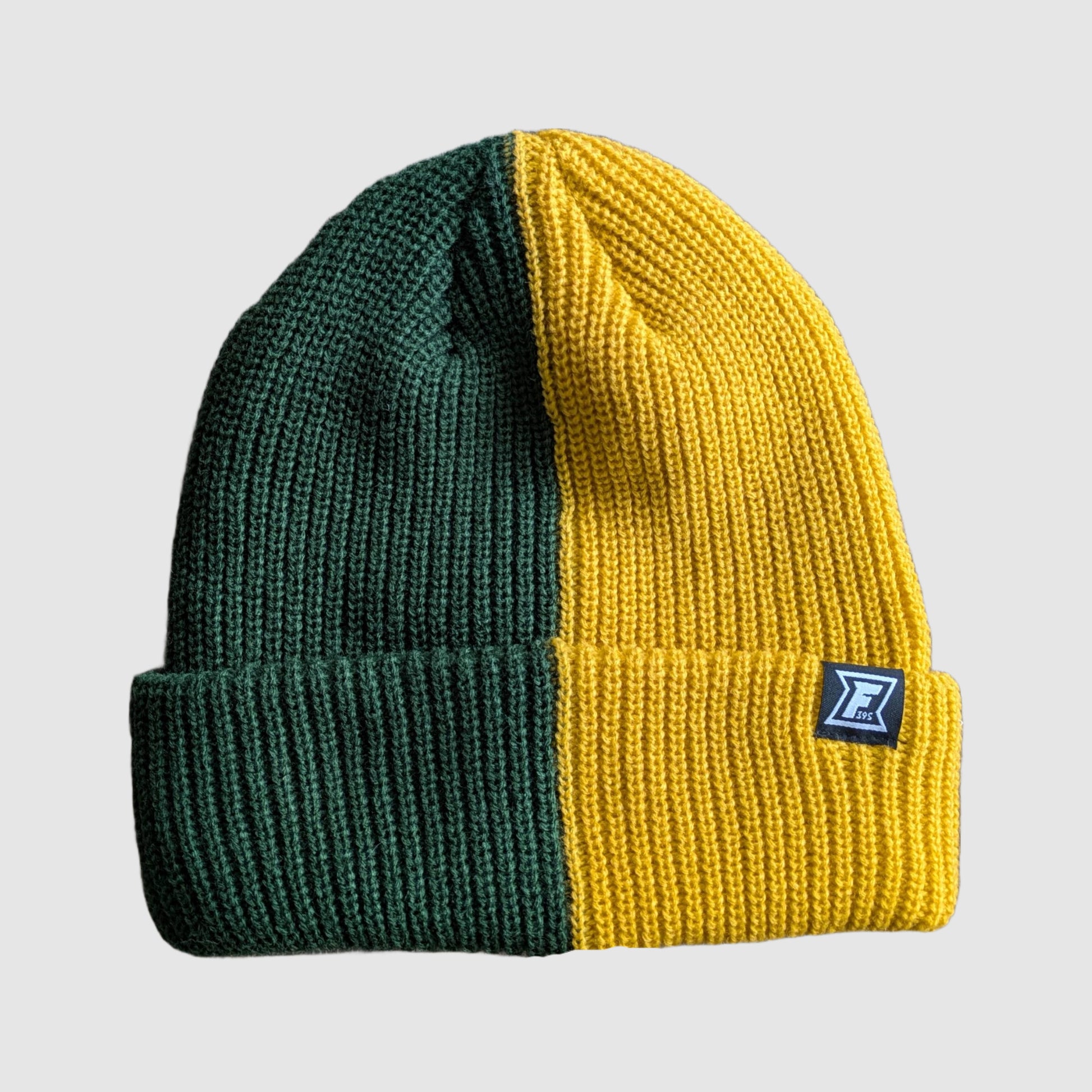 This is the two tone, split color beanie from Faultline395 in Green and Yellow.