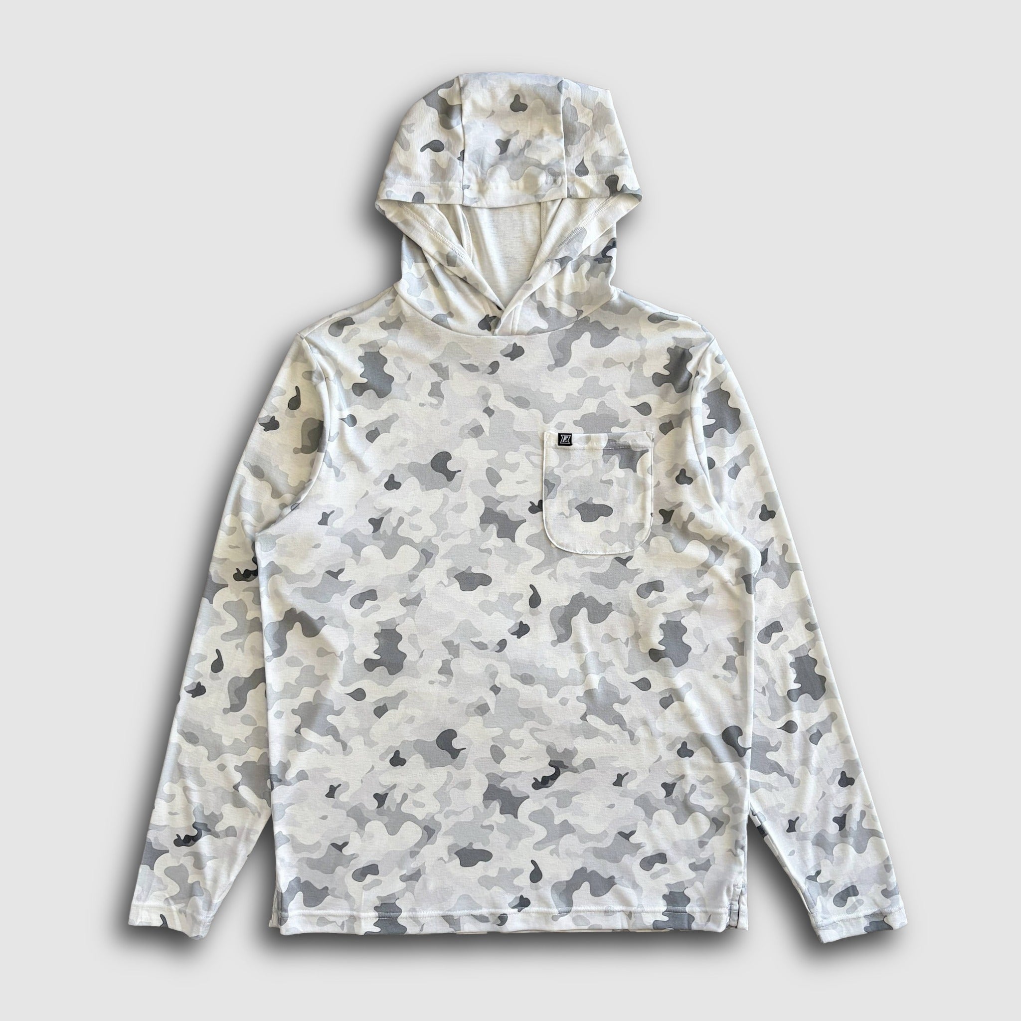 Camouflage-patterned sun hoodie on a light gray background