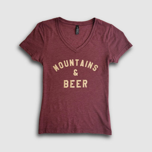 Women's Mountains & Beer V-Neck Tee - Maroon/Tan