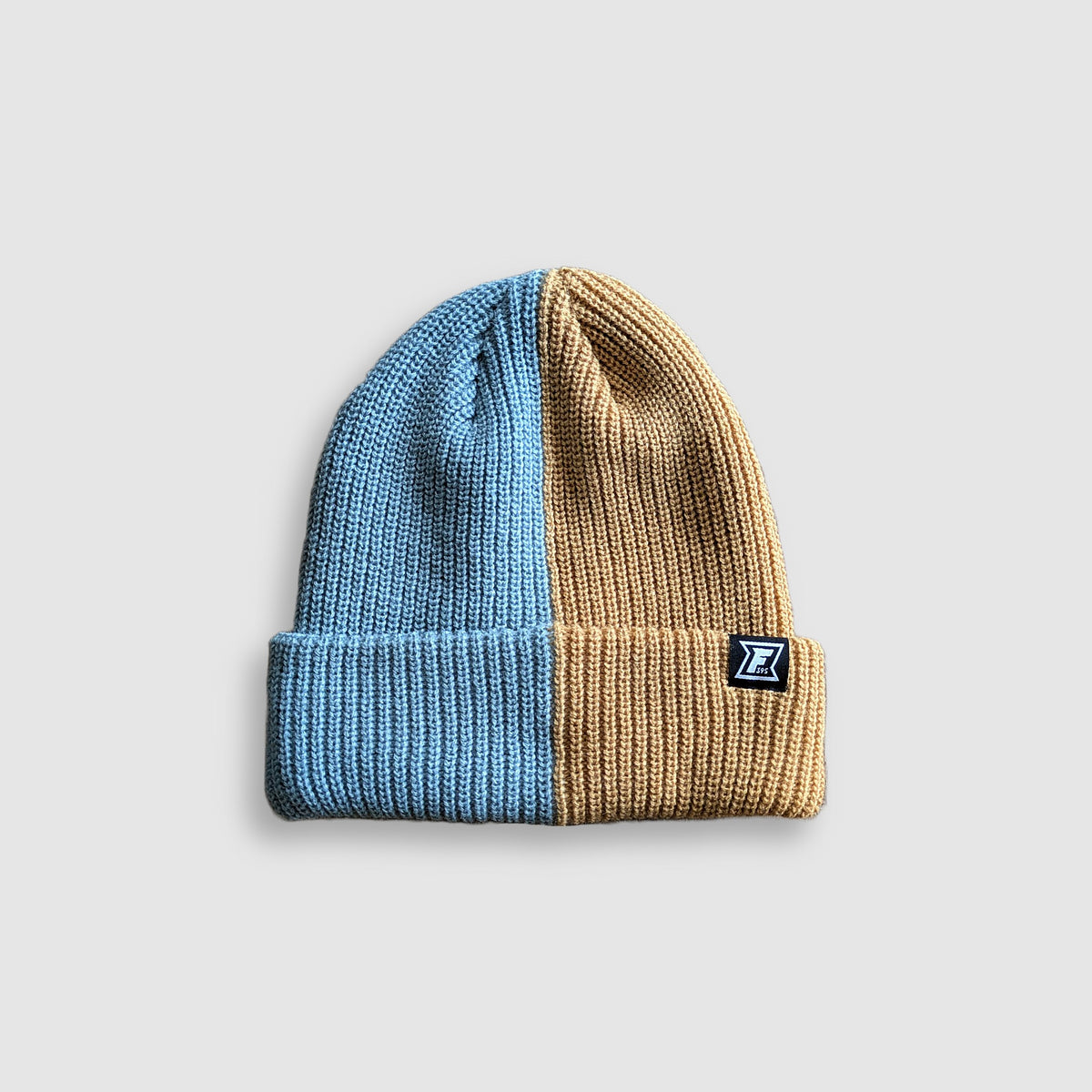 2-Tone Split Color Beanie - Mineral Blue/Tan