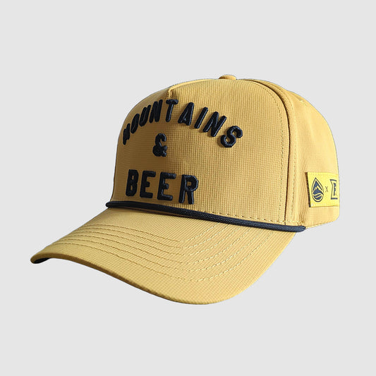 The Mountains and Beer snapback hat from Faultline395 in yellow.