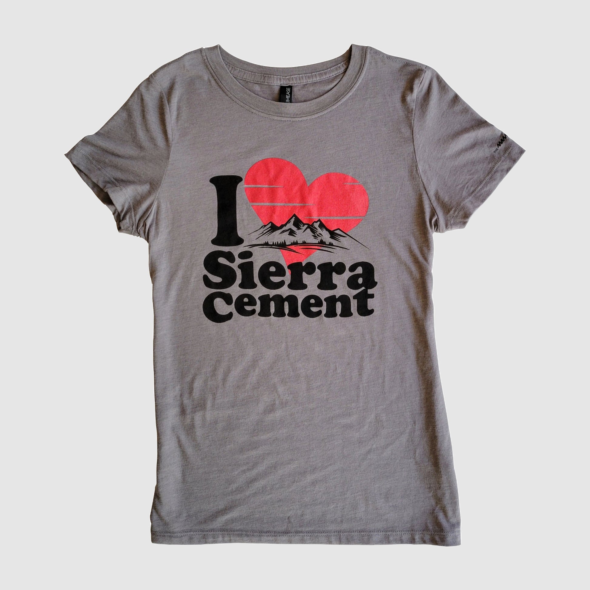 Women's specific t-shirt in Heather Grey with an I Love Sierra Cement design printed on the front chest.