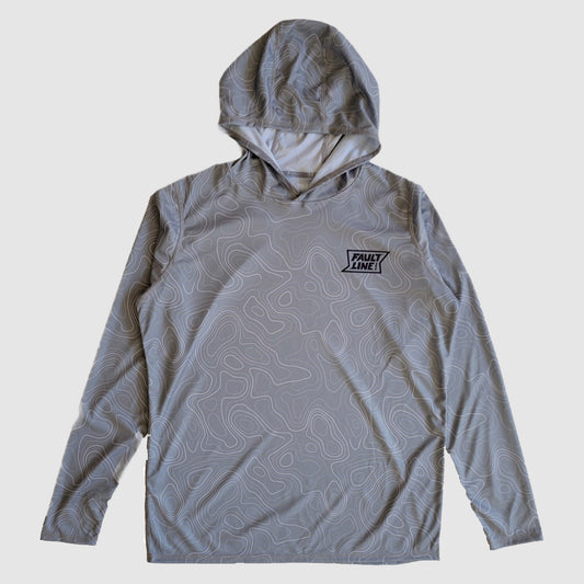 Front view of the Faultline395 Sun Hoodie with an all-over topo design