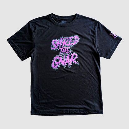 Front view of the Shred The Ganr t-shirt from Faultline395 with a purple and teal screen print on the front chest.