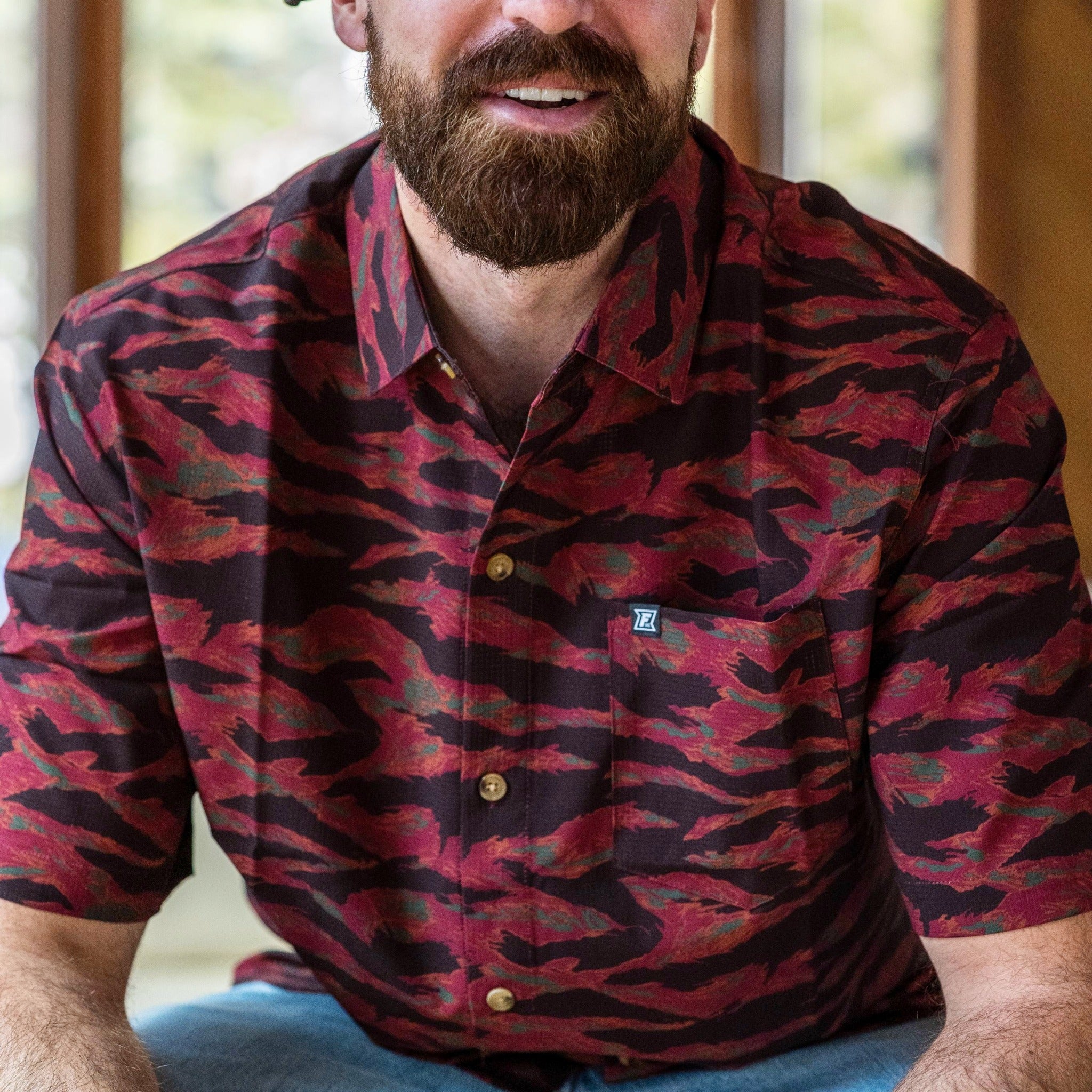 Langley Tech Button Up Shirt - Maroon Tiger Camo