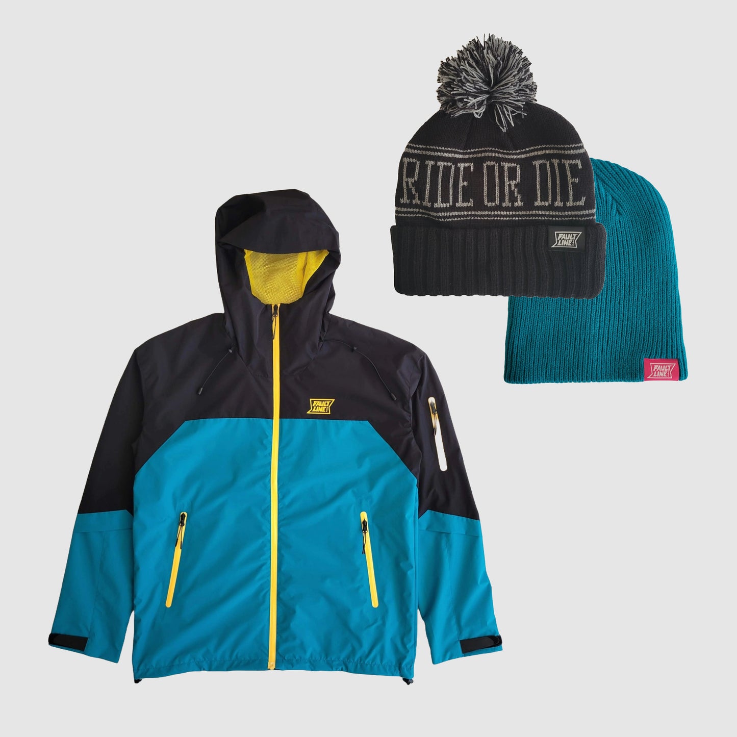 Waterproof Jacket & 2 Beanie Combo - Black/Teal