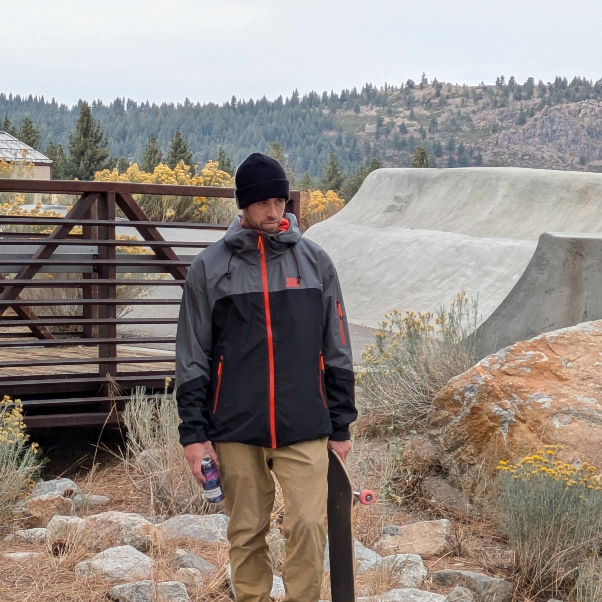 Model wearing faultline395 two-tone beanie outdoors